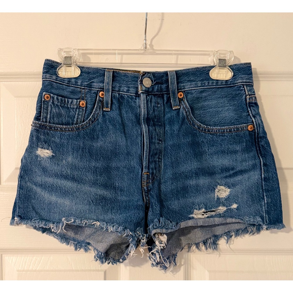 Levi's 501 High Rise Distressed Blue Jean Shorts Women's Festival Western 25.